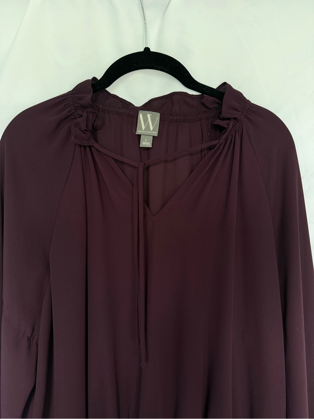 Worthington Plum V-Neck Long Sleeve Work Blouse with Smocked Hem - Picture 3 of 4